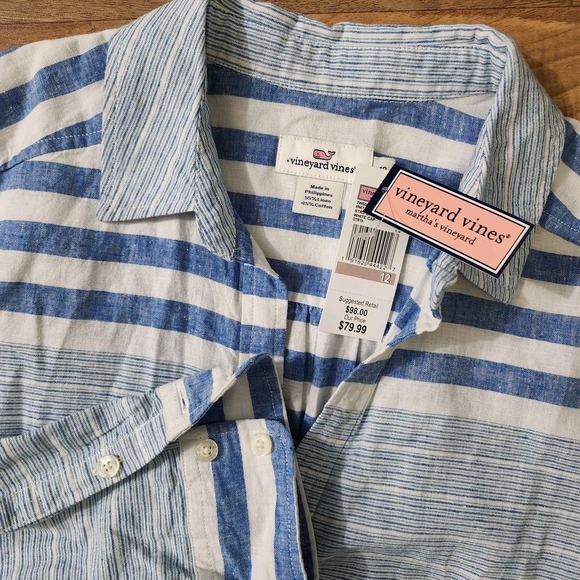 Vineyard Vines Tops - Vineyard Vines Womens Stripe Tie-Front Shirt Blue/White Size 12 Linen Button-Up